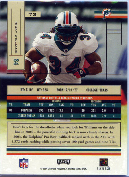 Ricky Williams 2004 Playoff Absolute Memorabilia #73 Miami Dolphins Football Card