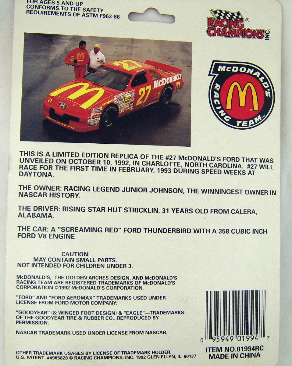 RACING CHAMPIONS 1994 COLLECTORS EDITION McDonald's RACING TEAM CAR #27 NASCAR 